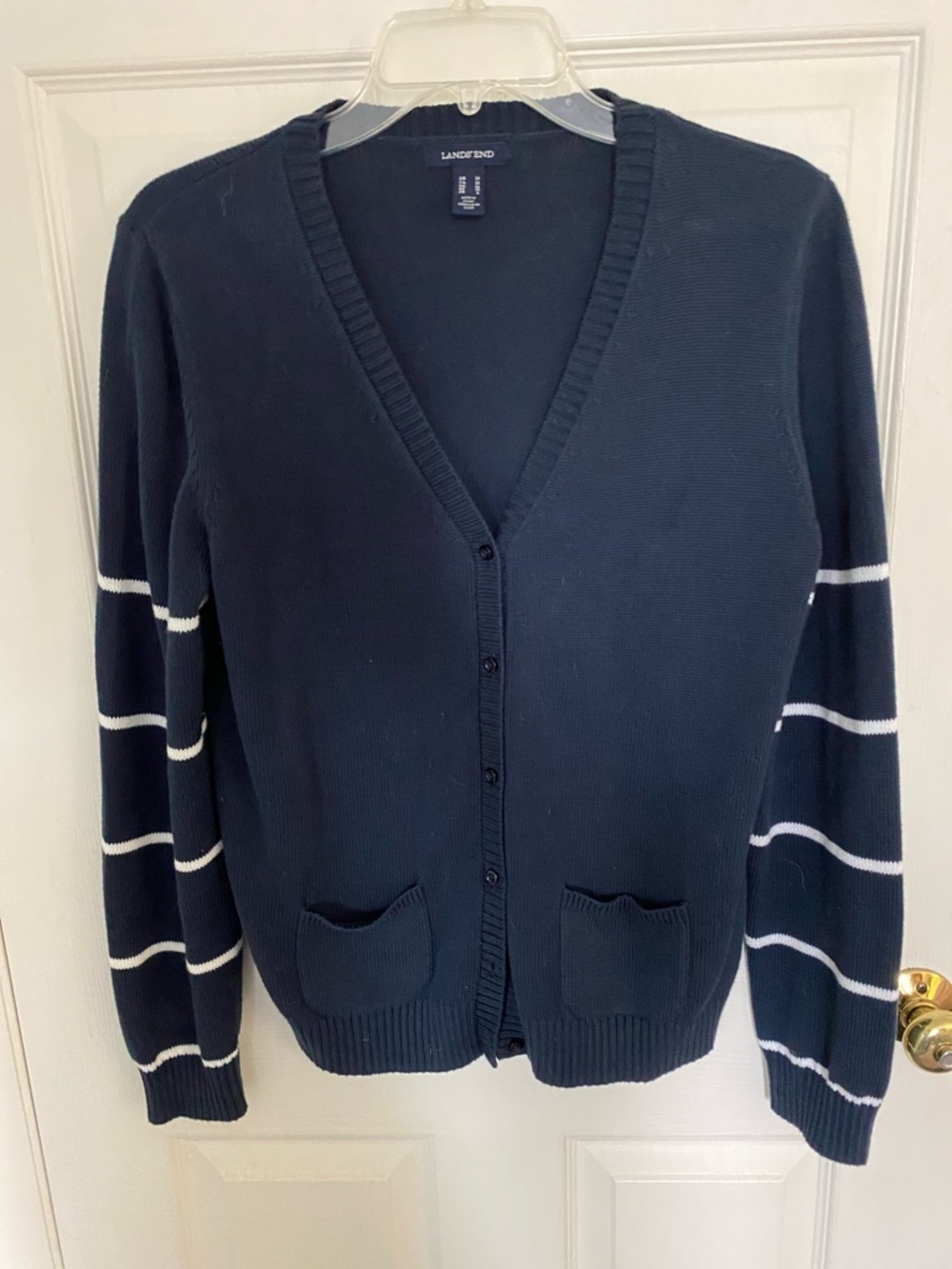 Lands' End Navy Button-Front Cardigan with White-Striped Sleeves